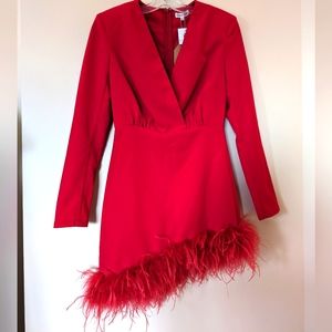 Mainstrip, long sleeve, v cleavage , red feathers asymmetrical Hem. size Small.